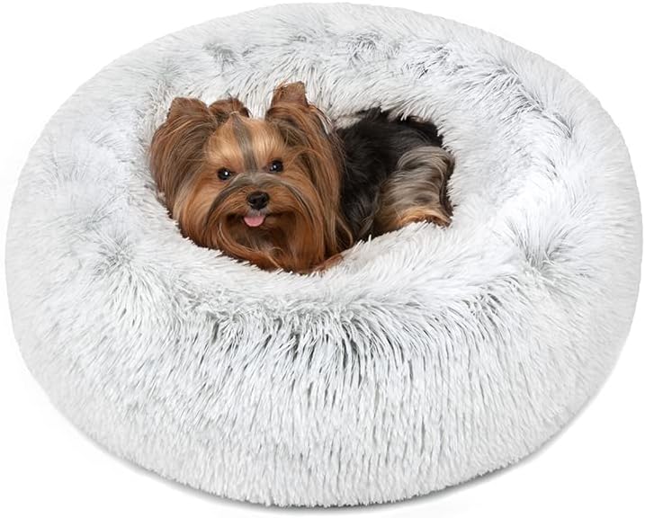 Donut Dog Bed Faux Fur Fluffy Calming Sofa for Large Dogs, Soft & Plush anti Anxiety Pet Couch for Dogs, Machine Washable Coco Pet Bed with Non-Slip Bottom, 36"X36"X8" Grey