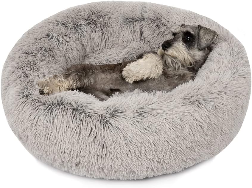 Donut Dog Bed Faux Fur Fluffy Calming Sofa for Large Dogs, Soft & Plush anti Anxiety Pet Couch for Dogs, Machine Washable Coco Pet Bed with Non-Slip Bottom, 36"X36"X8" Grey