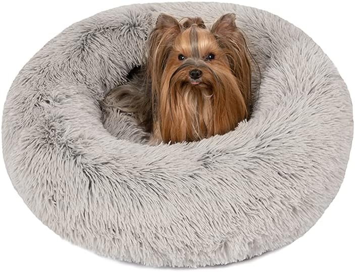 Donut Dog Bed Faux Fur Fluffy Calming Sofa for Large Dogs, Soft & Plush anti Anxiety Pet Couch for Dogs, Machine Washable Coco Pet Bed with Non-Slip Bottom, 36"X36"X8" Grey