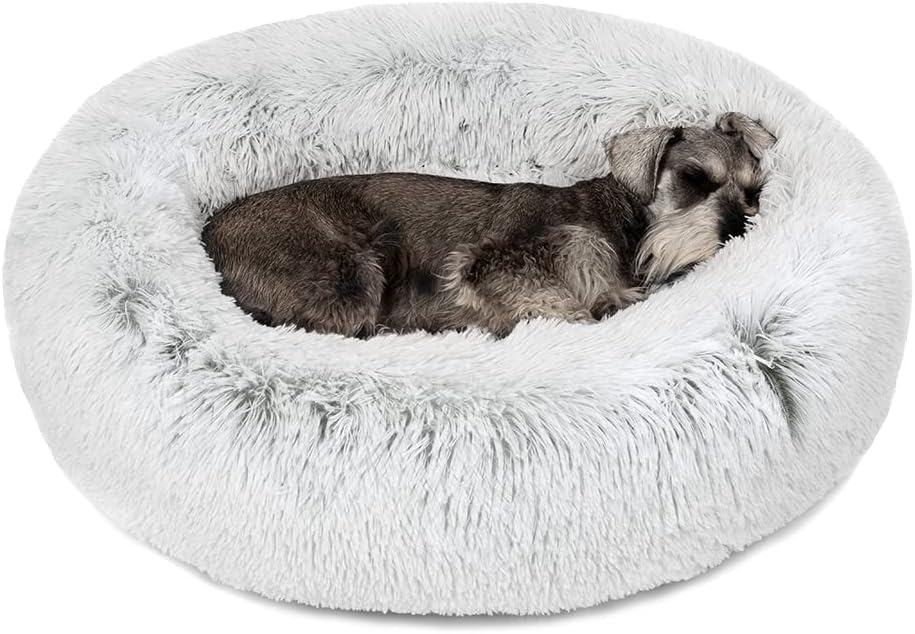Donut Dog Bed Faux Fur Fluffy Calming Sofa for Large Dogs, Soft & Plush anti Anxiety Pet Couch for Dogs, Machine Washable Coco Pet Bed with Non-Slip Bottom, 36"X36"X8" Grey
