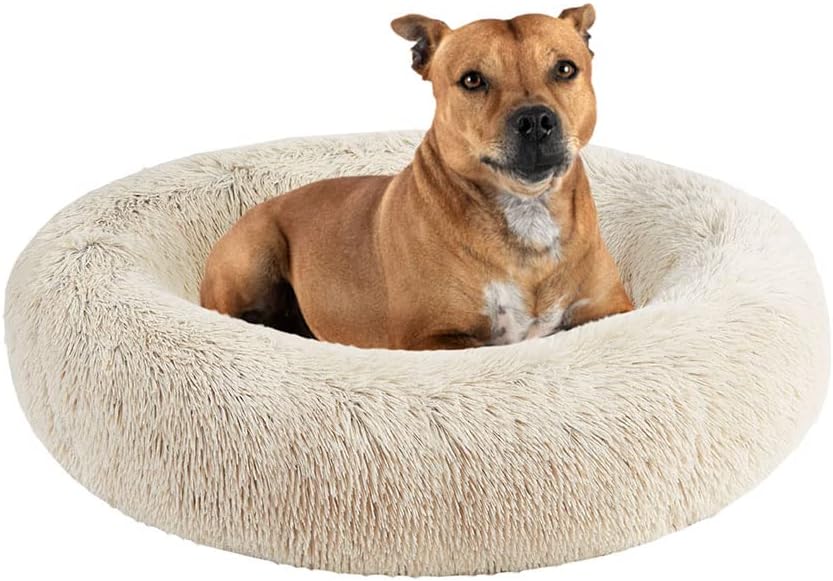 Donut Dog Bed Faux Fur Fluffy Calming Sofa for Large Dogs, Soft & Plush anti Anxiety Pet Couch for Dogs, Machine Washable Coco Pet Bed with Non-Slip Bottom, 36"X36"X8" Grey