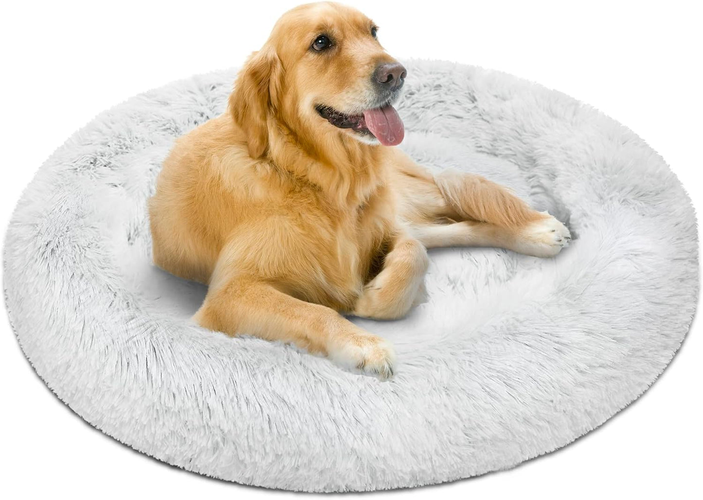 Donut Dog Bed Faux Fur Fluffy Calming Sofa for Large Dogs, Soft & Plush anti Anxiety Pet Couch for Dogs, Machine Washable Coco Pet Bed with Non-Slip Bottom, 36"X36"X8" Grey
