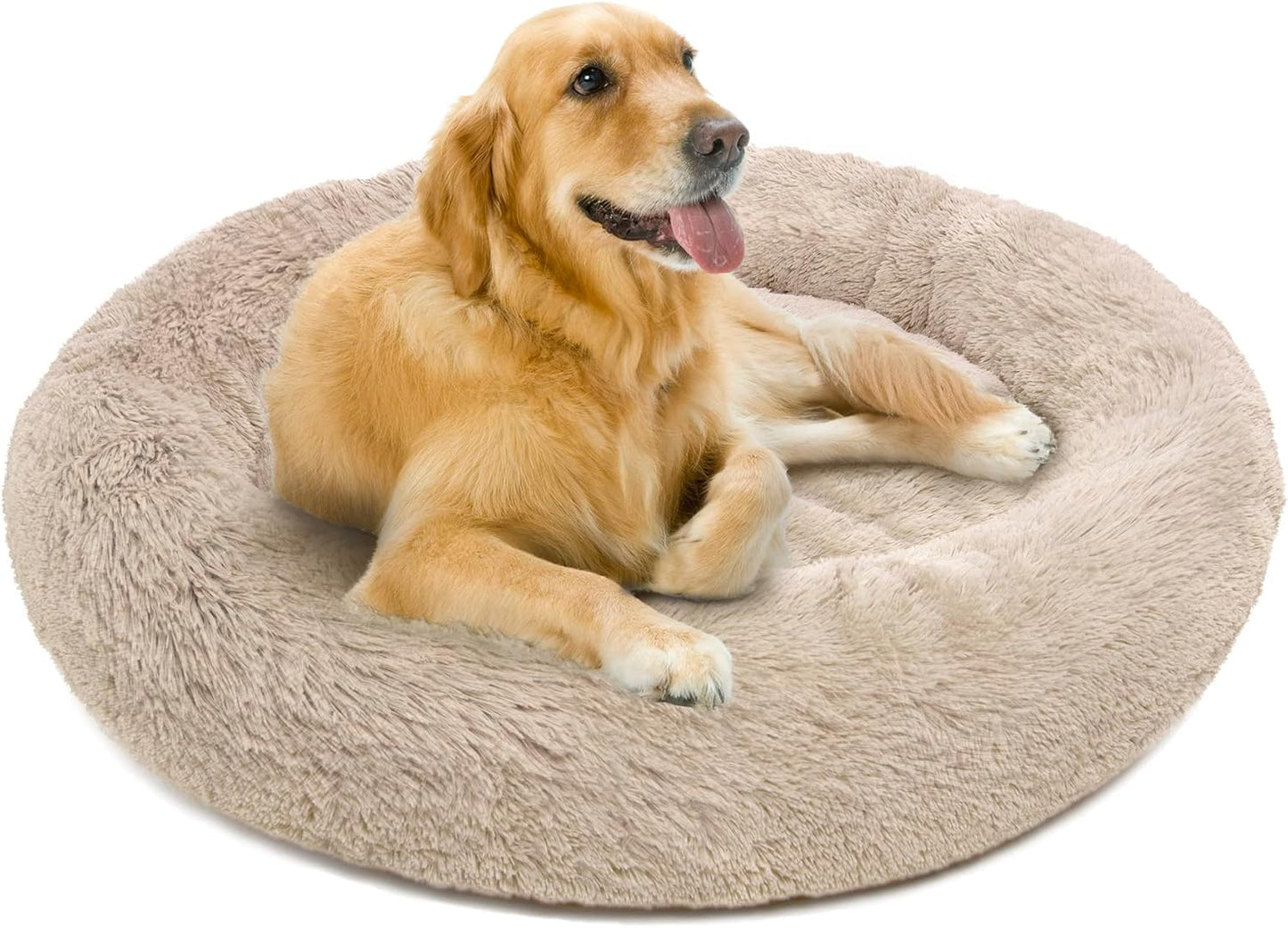 Donut Dog Bed Faux Fur Fluffy Calming Sofa for Large Dogs, Soft & Plush anti Anxiety Pet Couch for Dogs, Machine Washable Coco Pet Bed with Non-Slip Bottom, 36"X36"X8" Grey
